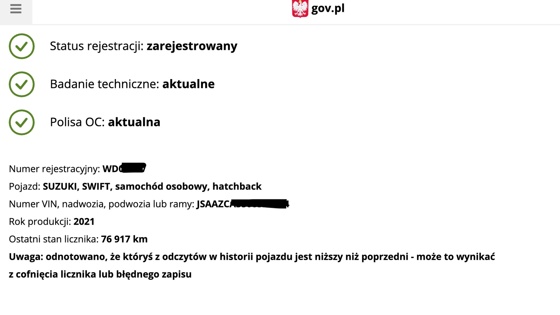 W rzą∂owej bazie pojazdów są wpisy m.in. na temat przeglądów i zanotowanym w różnych sytuacjach stanie licznika