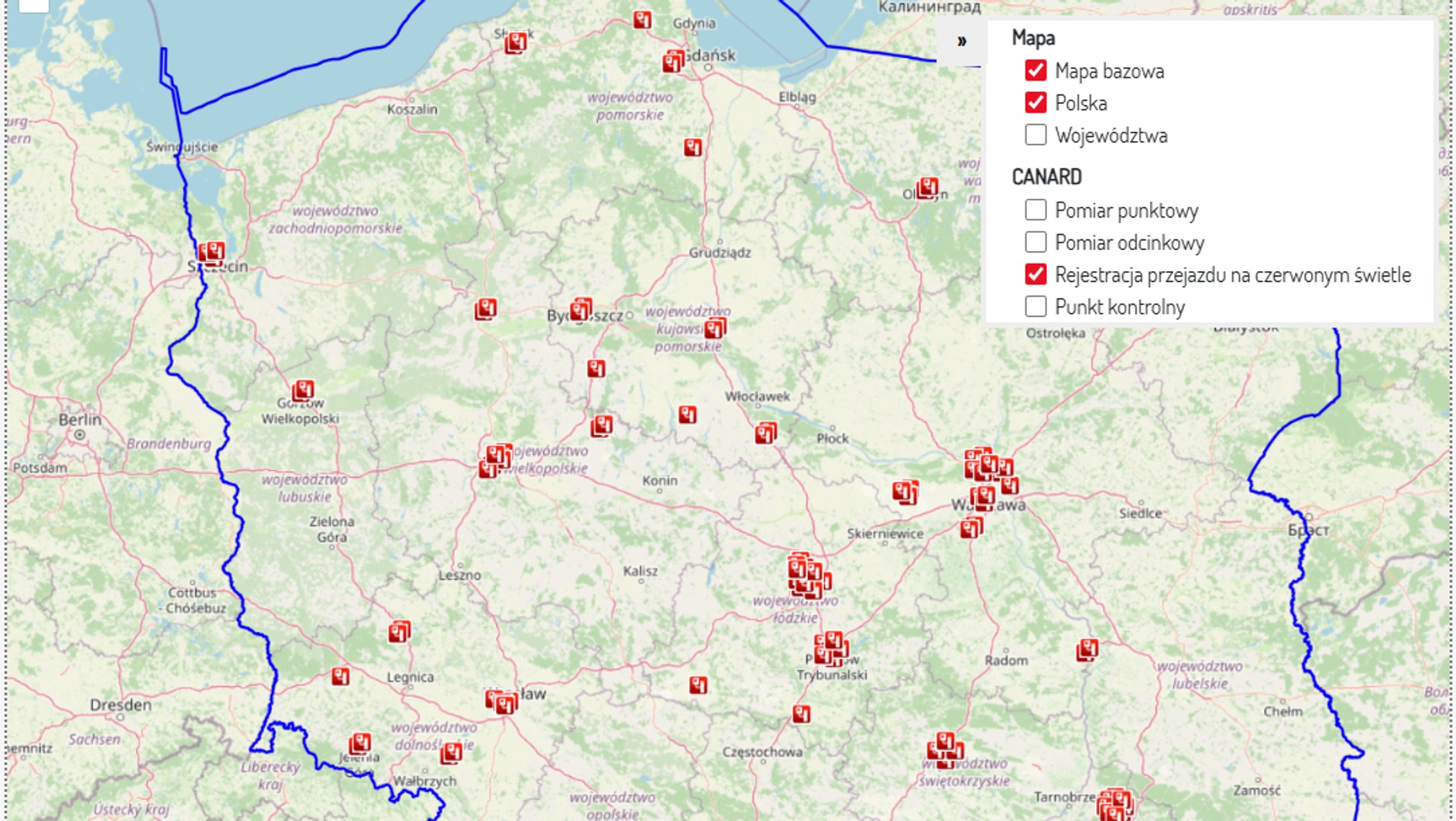 Aktualna mapa rejestracji przejazdu na czerwonym świetle