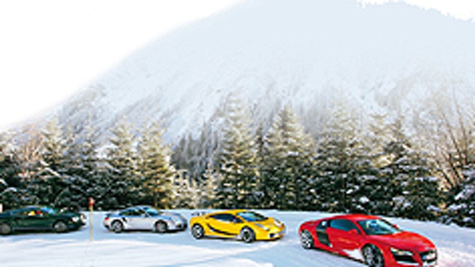 Bentley Continental GT Speed, Porsche 911 Turbo, Lamborghini Gallardo Sperleggera, Audi R8 - Półbogowie w bieli