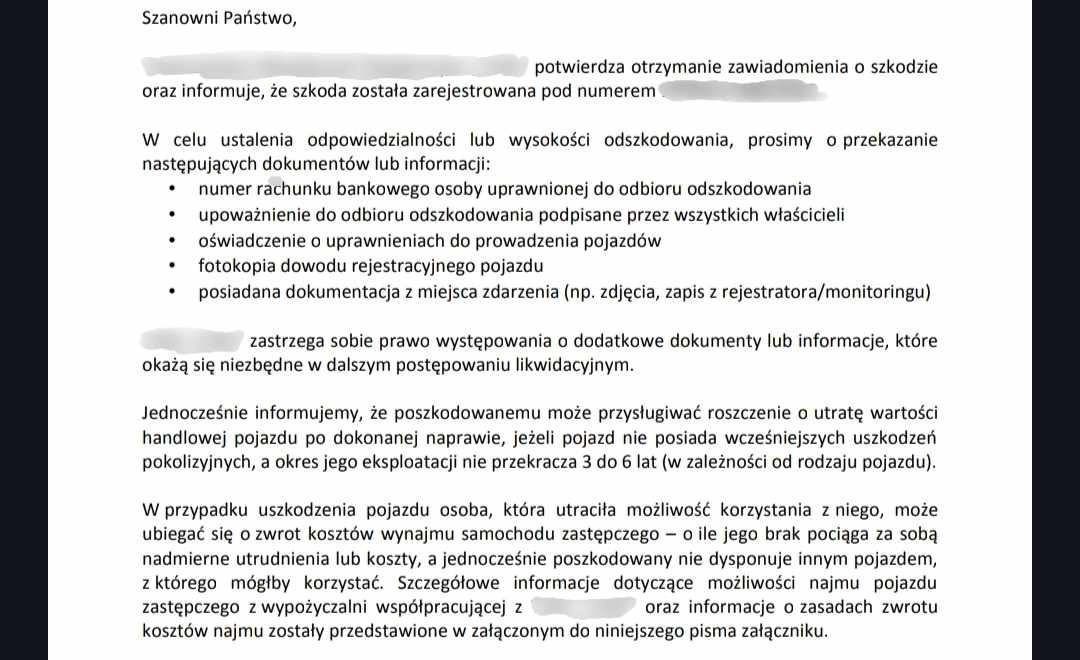 Informacja od ubezpieczyciela o wymaganych dokumentach i samochodzie zastępczym