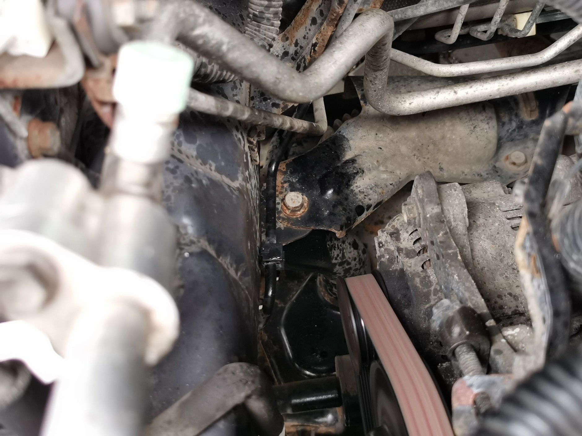 Wyciek oleju musi być spory – krople bryzgają po przedziale silnika, w tym na pasek osprzętu (natychmiast do wymiany); ślady oleju także na podwoziu auta