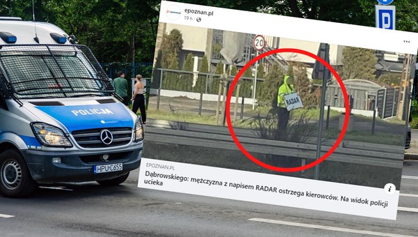 Przy drodze stoi mężczyzna z wielkim napisem. Nie polubiłby się z policją