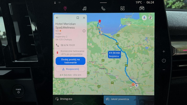 Trasa zaproponowana przez nawigację Renault Megane E-Tech