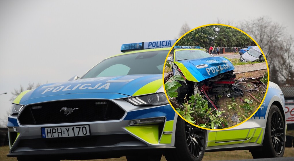 Policyjny Ford Mustang rozbity