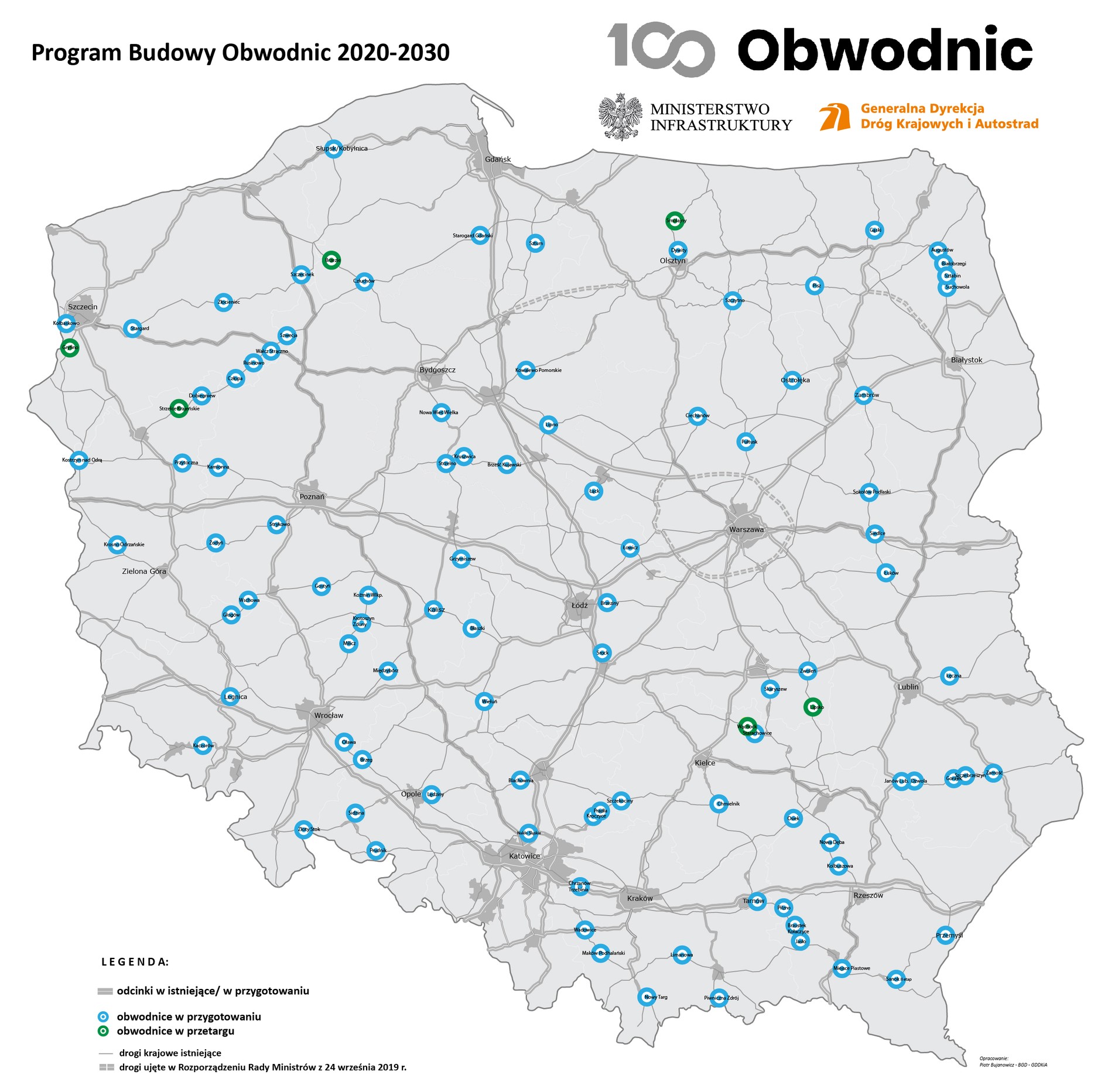 Mapa 100 obwodnic w ramach rządowego programu