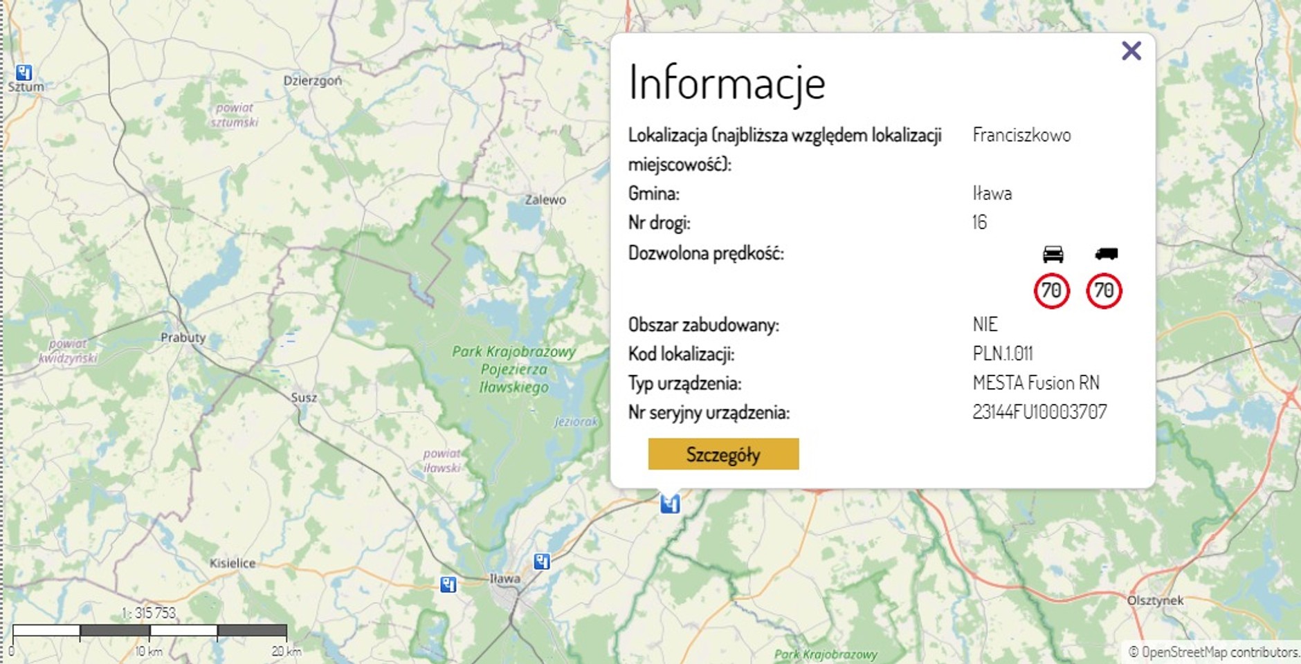 fotoradar na DK16 w m. Franciszkowo w woj. warmińsko-mazurskim