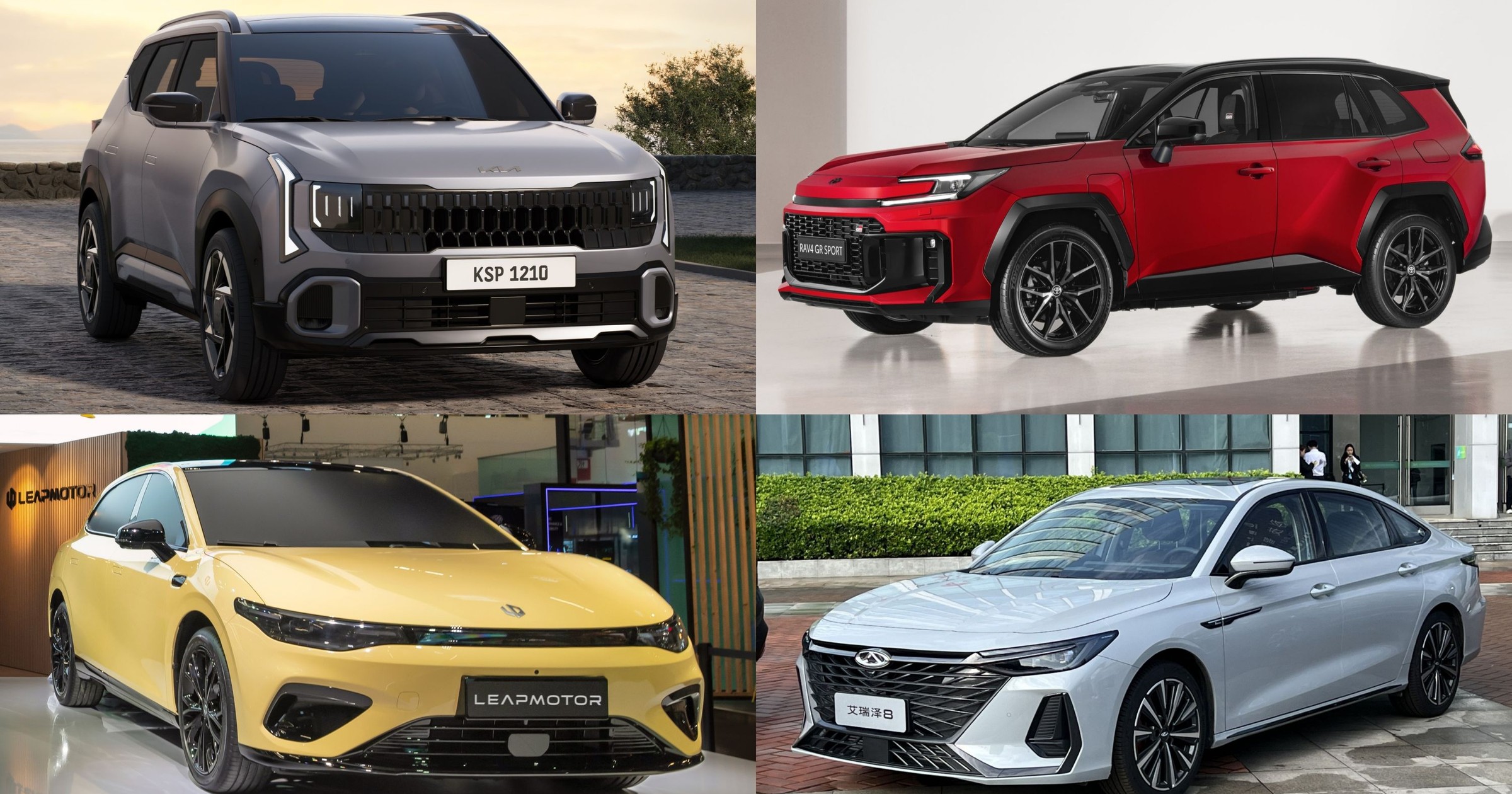 Nowe auta 2026: Kia Seltos, Toyota RAV4, Chery Arrizo 8 i Leapmotor B05 (od lewej zgodnie z ruchem wskazówek zegara)