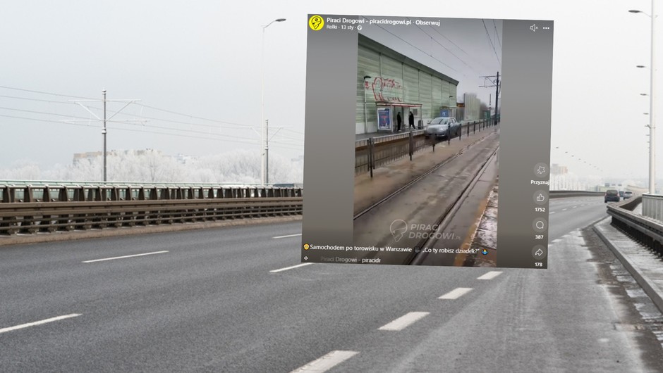 Wjechał samochodem na torowisko na moście Północnym (Screen:Facebook.com/@piracidrogowi)