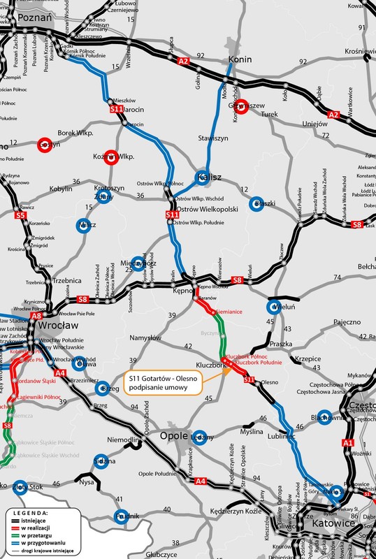Mapa z zaznaczonym odcinkiem Gotartów — obwodnica Olesna w ciągu S11