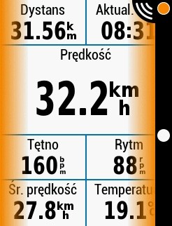 Ekran komputera rowerowego wyświetlający ostrzeżenie o zbliżającym się obiekcie