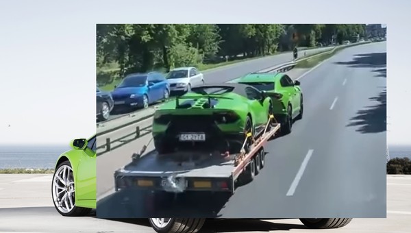 Lamborghini Urus ciągnie na lawecie Huracana. Oba w krzykliwym kolorze. Co za zestaw! 