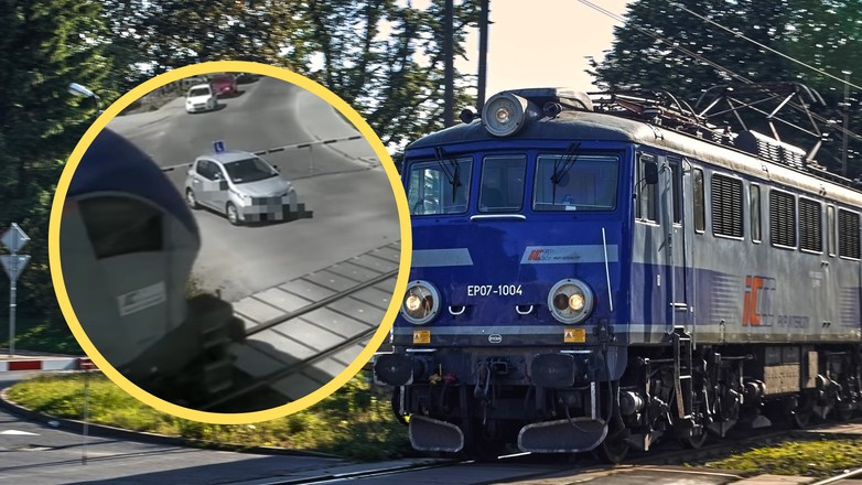 Podczas egzaminu na prawo jazdy utknął na przejeździe (fot. screen: facebook.com/@KPP Bielsk Podlaski)