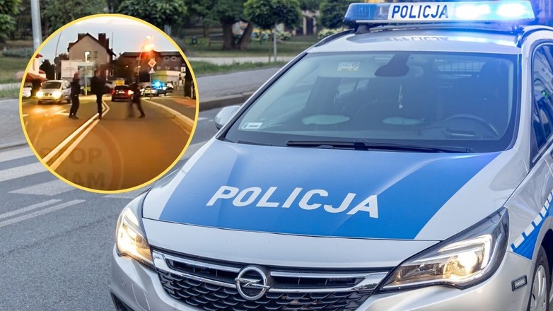 Bił się z policjantami na środku drogi. "Jeszcze na auto nam wleci" (Screen: YouTube/@STOPCHAM)