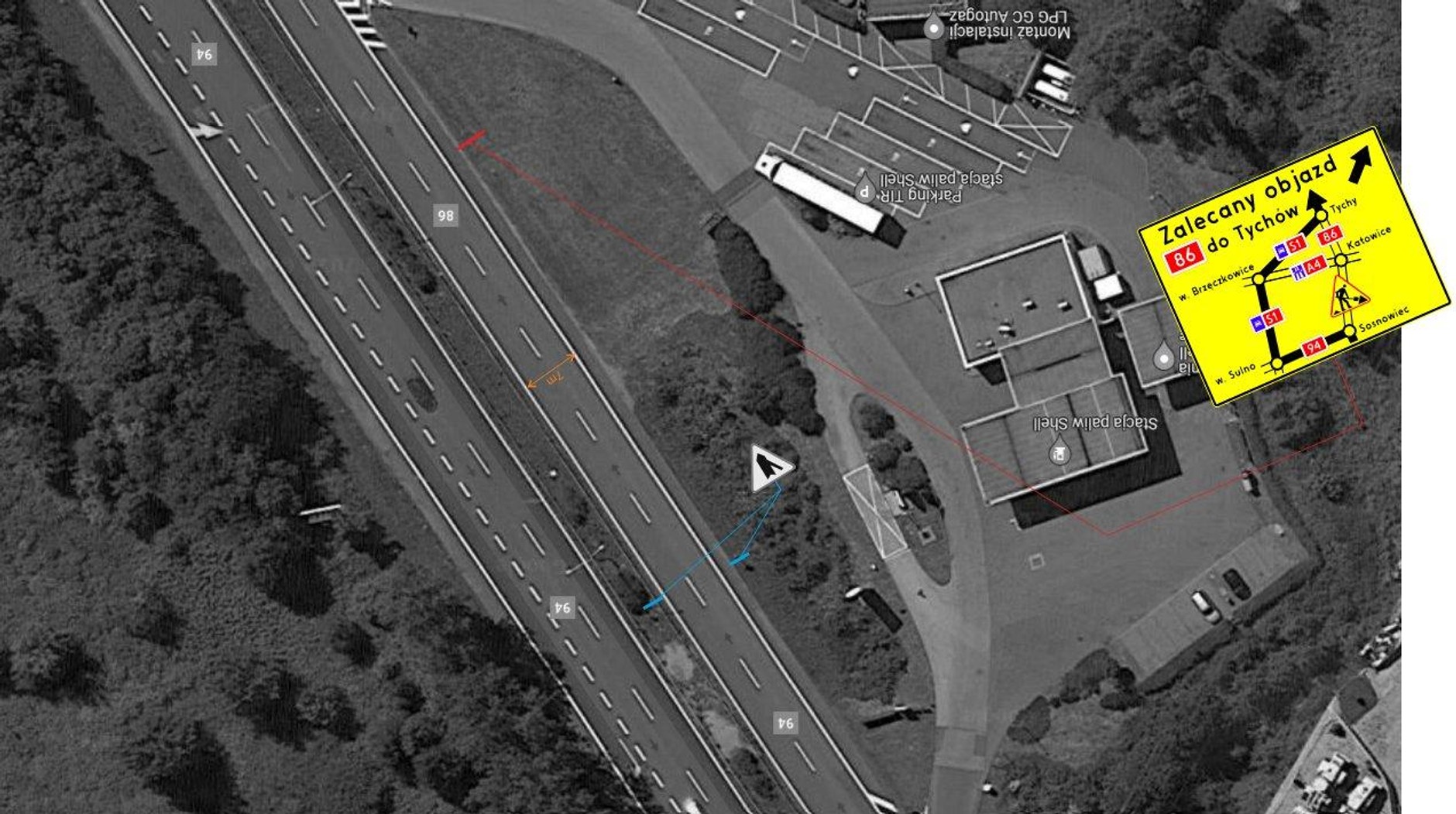 Od strony północnej oznakowanie ustawione będzie w Będzinie przy DK86 przy stacji paliw Shell