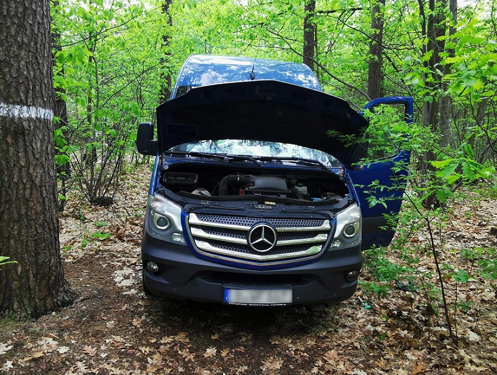 Porzucony w lesie skradziony w Niemczech Mercedes Sprinter