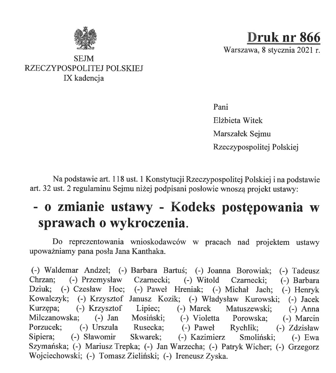 Lista z nazwiskami posłów podpisanych pod projektem zmiany ustawy o Kodeksie postępowania w sprawach o wykroczenia