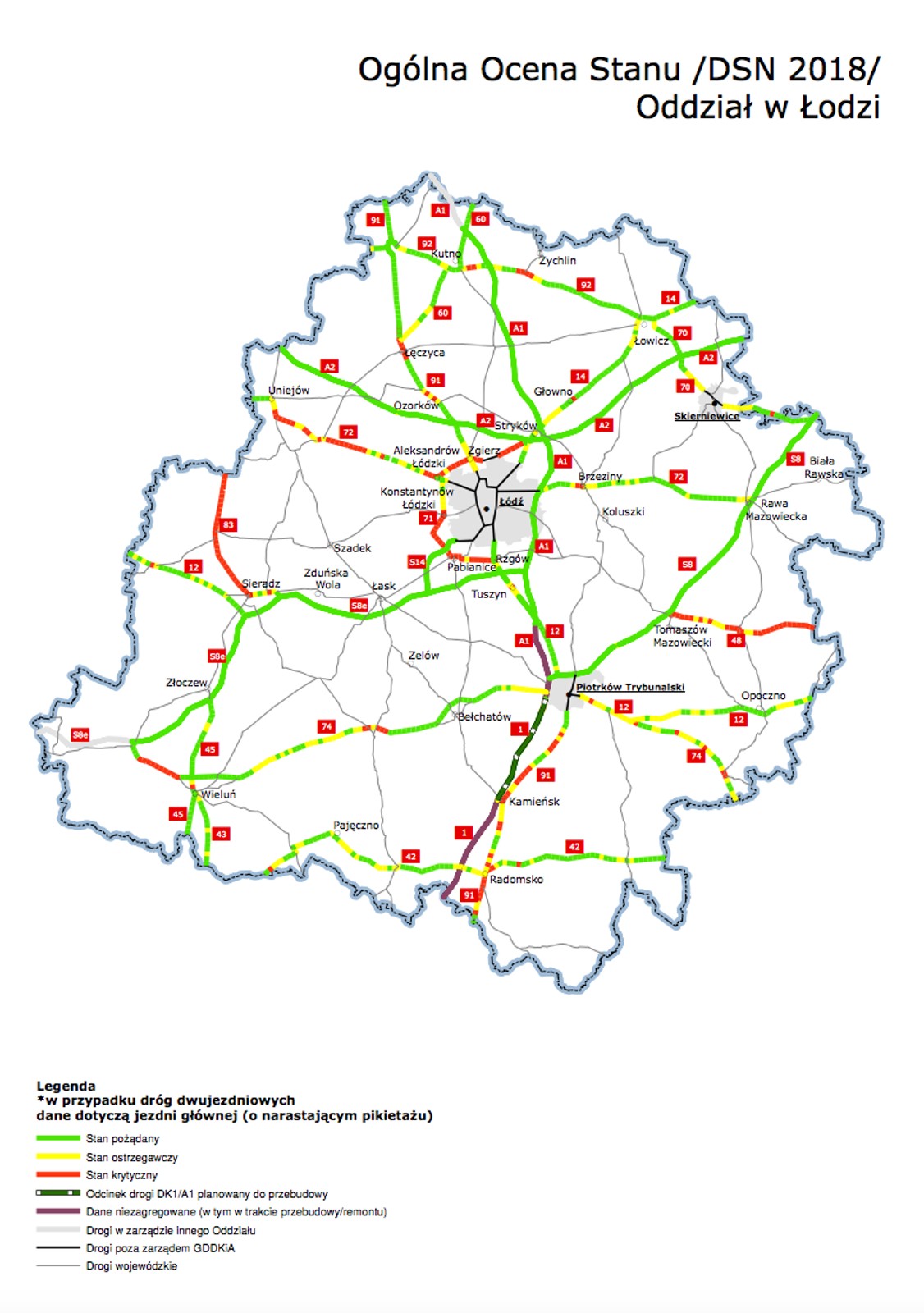 Mapy poglądowe z ogólną oceną stanu technicznego nawierzchni w poszczególnych oddziałach GDDKiA