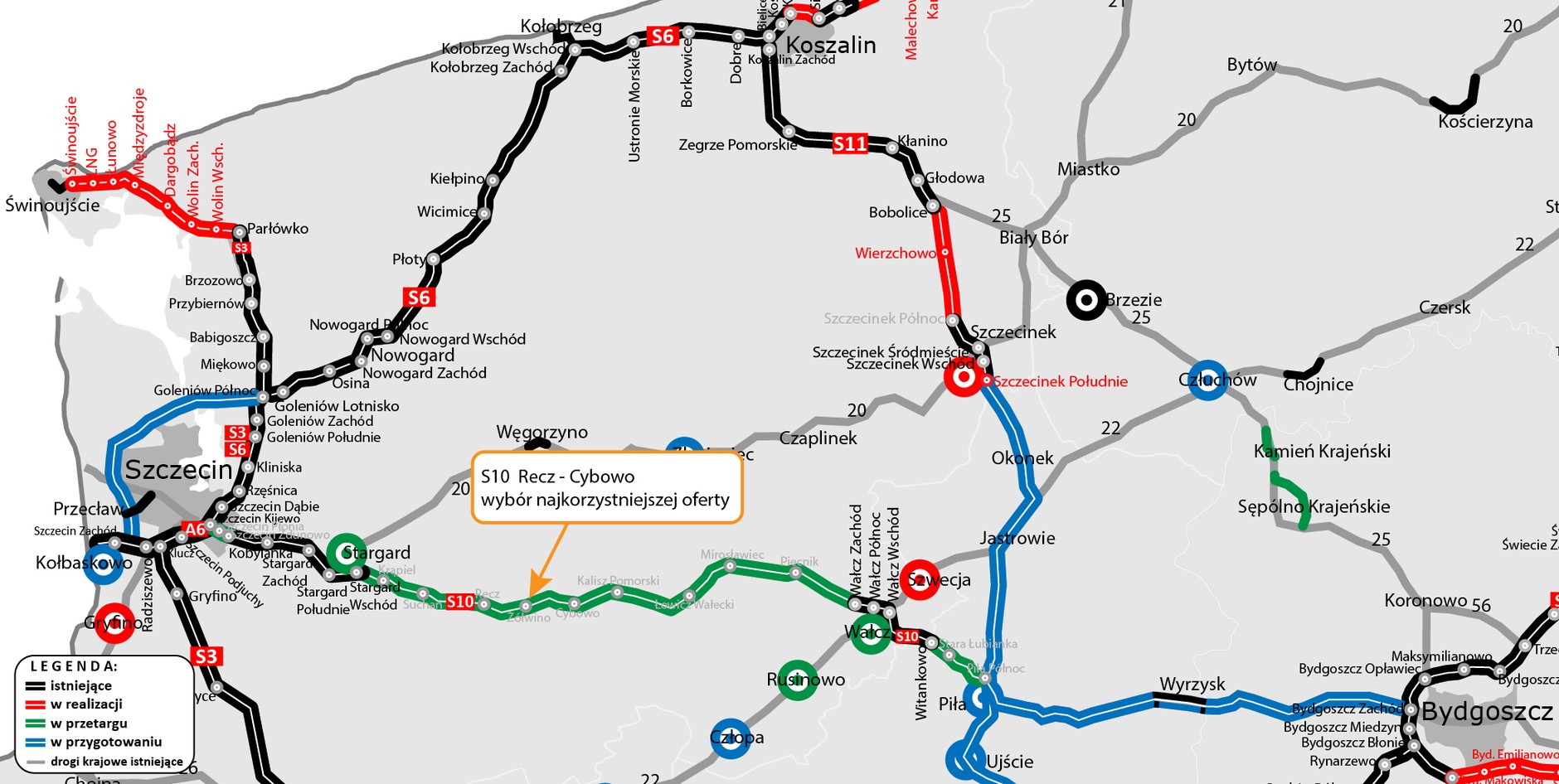 Mapa z lokalizacją odcinka S10 Recz-Cybowo