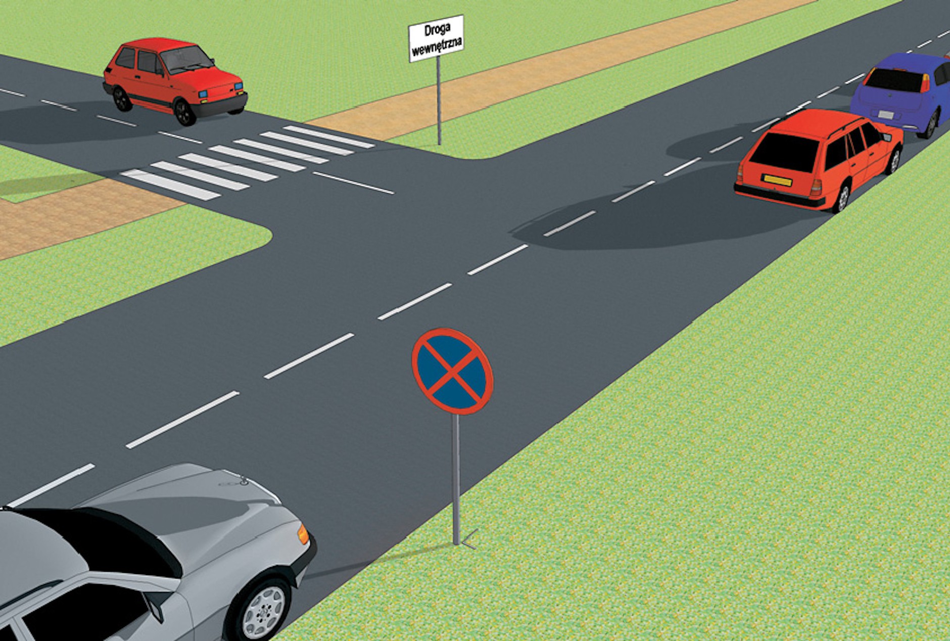 „Mistrzowie” parkowania: czerwone auto zostało zaparkowanie niezgodnie z prawem. Spotkanie drogi publicznej z wewnętrzna nie jest skrzyżowaniem, a zatem zakaz zatrzymywania się nie został odwołany