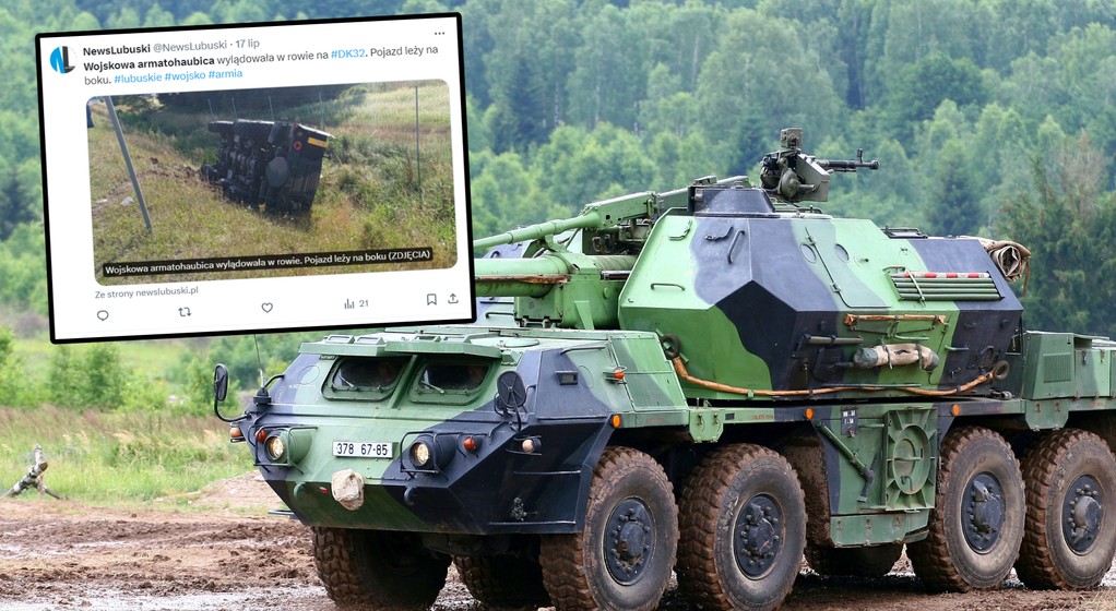 Potężna armatohaubica wpadła do rowu. Lubuska droga zablokowana (Screen: Twitter/NewsLubuski)