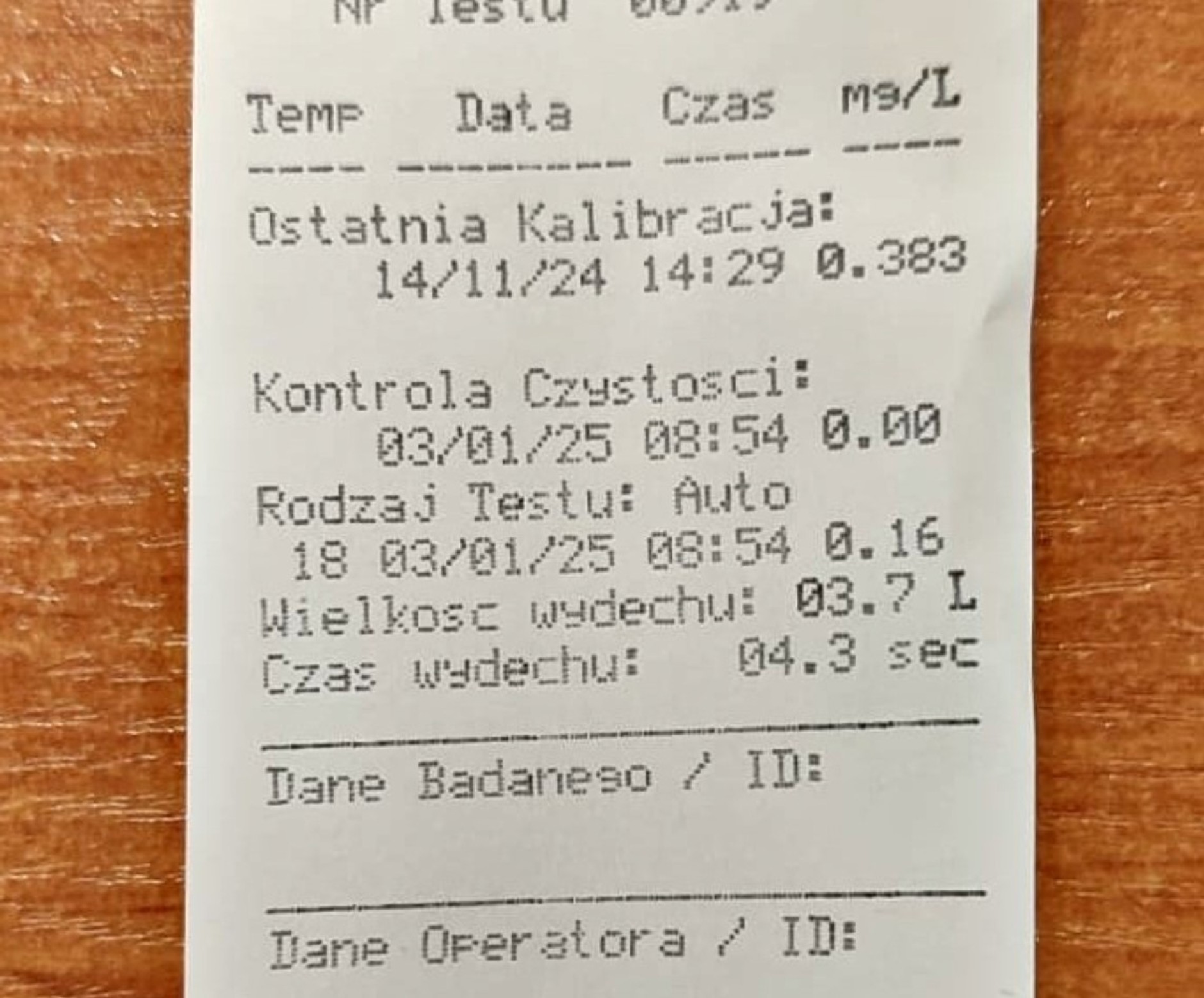 Wydruk z urządzenia pomiarowego