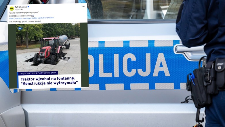 Traktor wjechał w fontannę (fot. screen: Facebook/TVNWarszawa)
