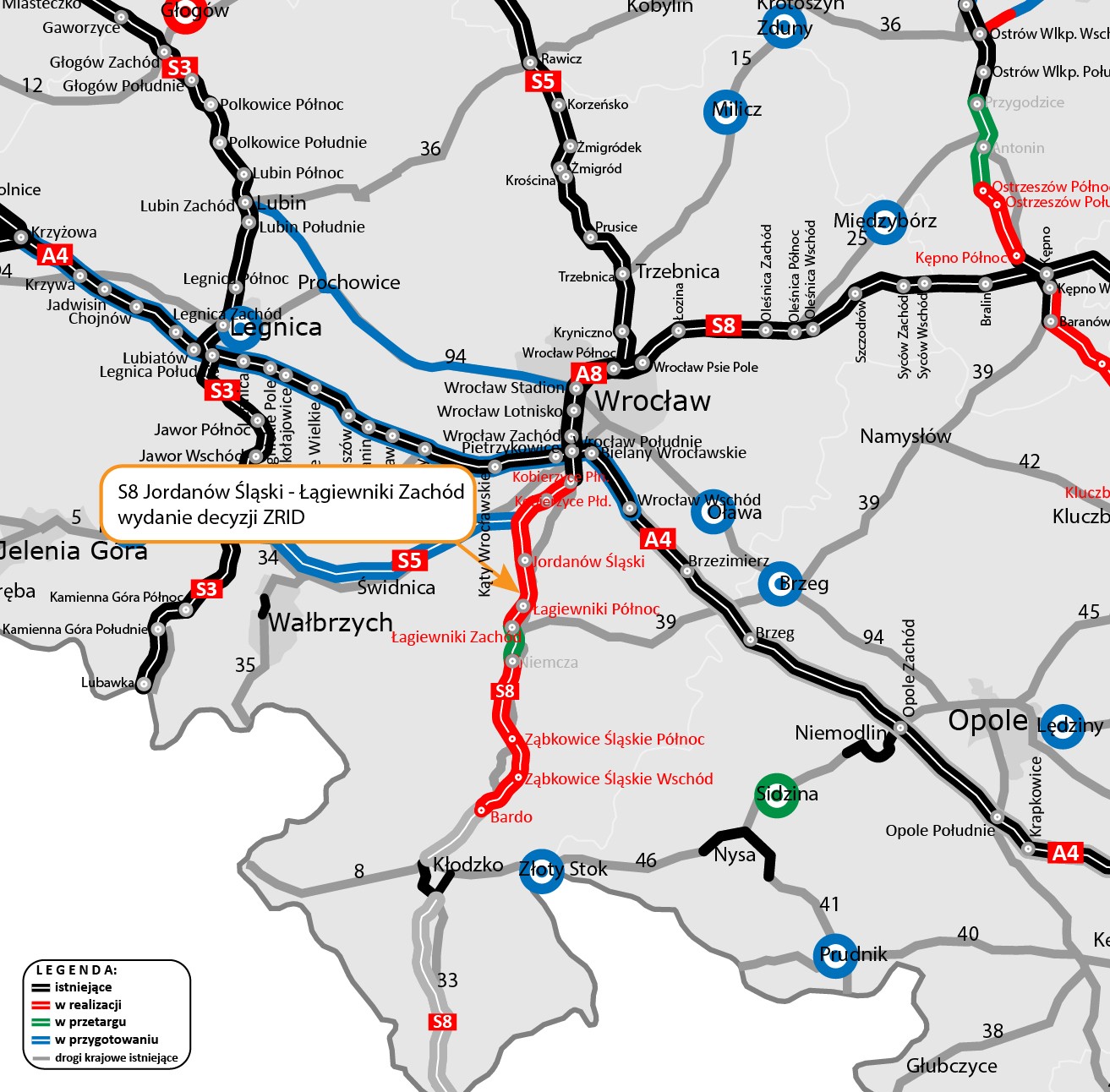 Droga S8 Jordanów Śląski - Łagiewniki Zachód, mapa