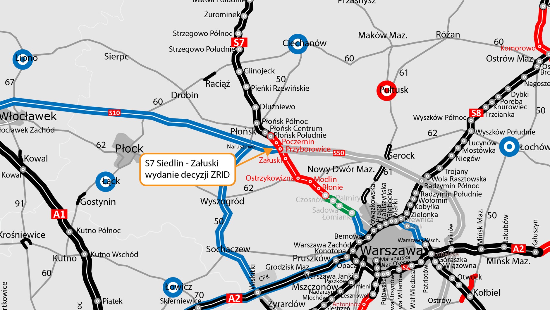 Mapa sieci dróg krajowych woj. mazowieckiego