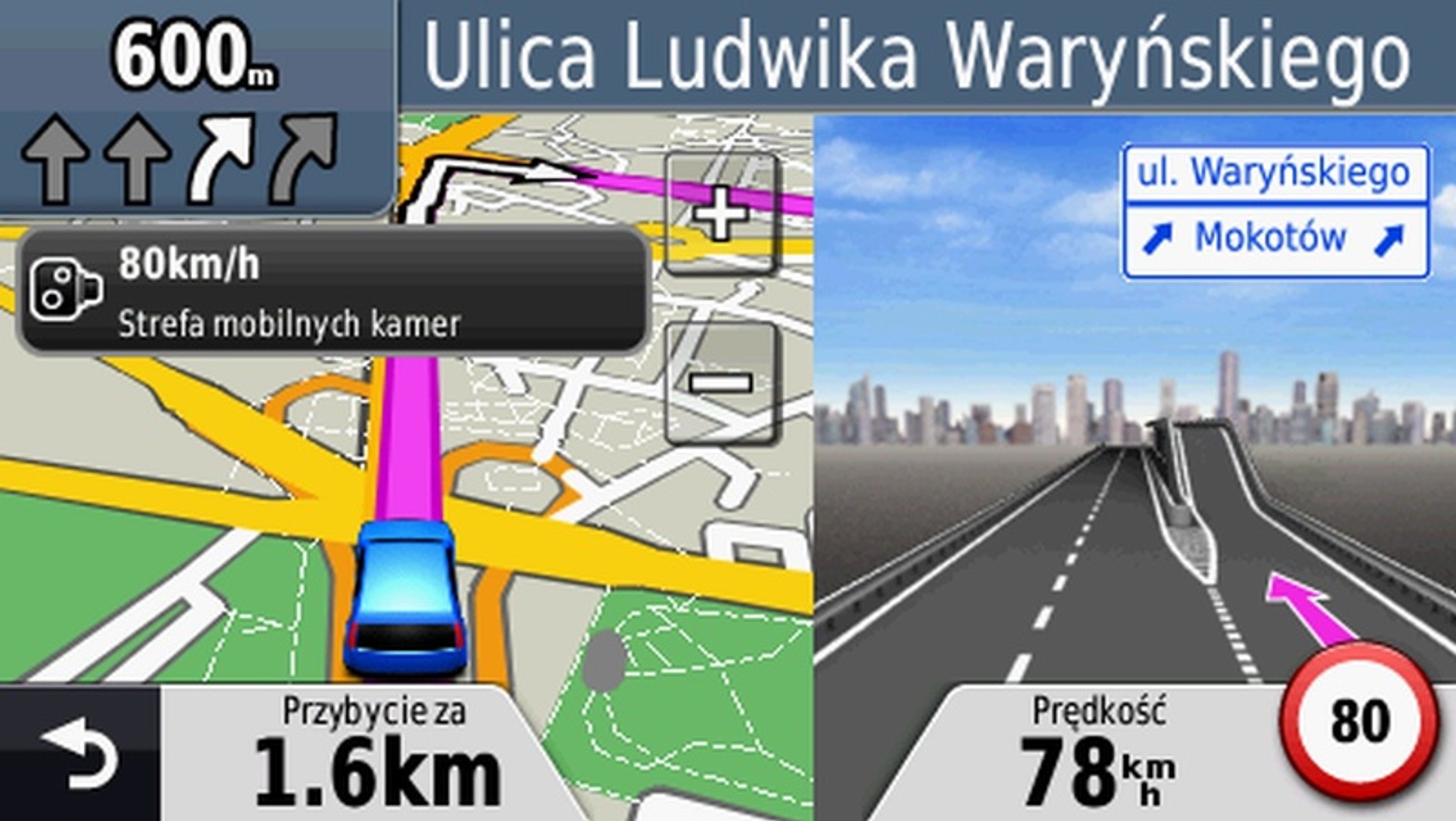 Świetne menu z podziałem ekranu i widokiem zjazdu - Garmin nuvi 54LM