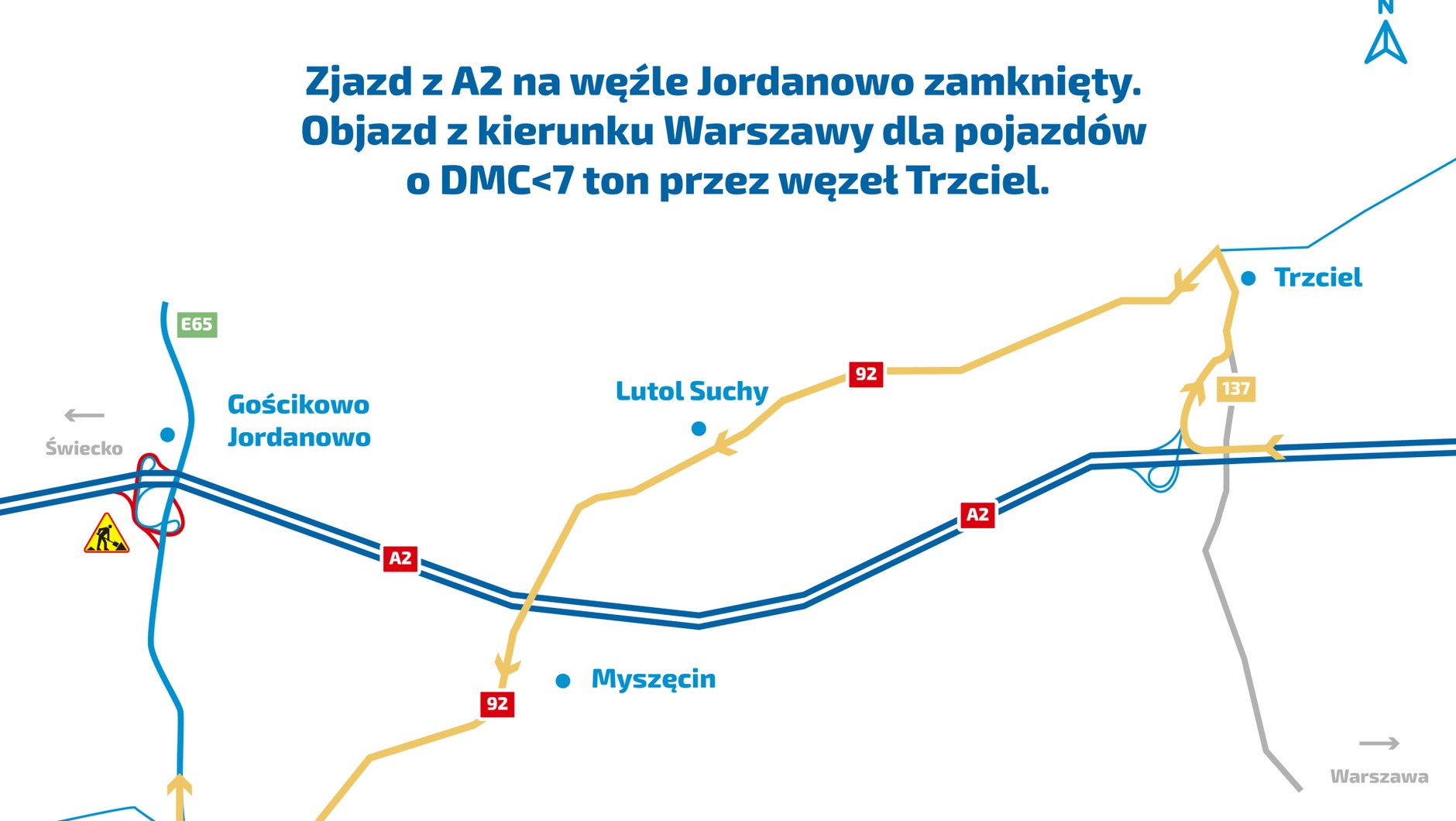Objazd z kierunku Warszawy dla pojazdów o DMC do 7 t