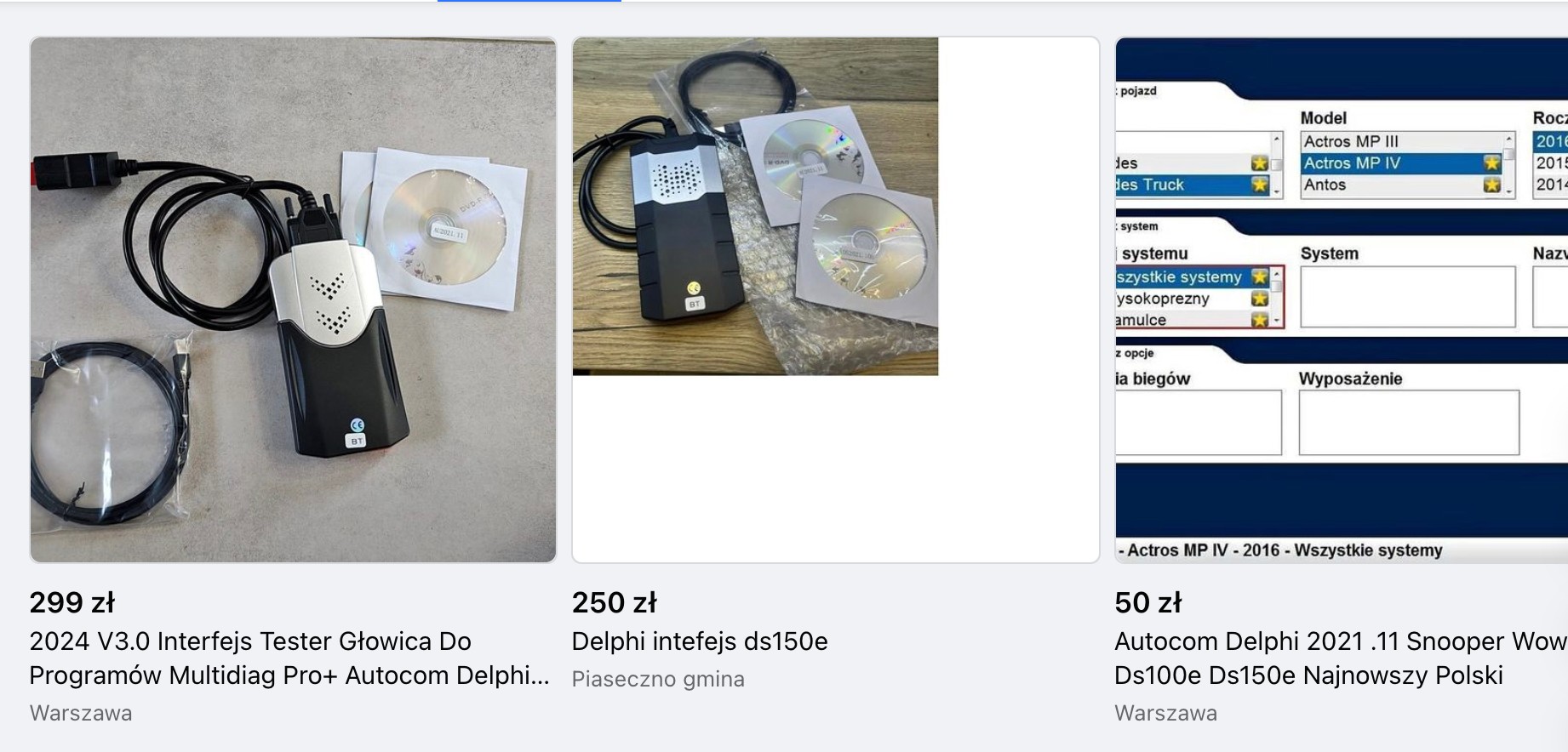 Oferty tanich testerów z Marketplace na Facebooku. Sprzęt na pierwszy rzut oka przypomina testery marki Delphi, ale sprzedawcy coraz częściej oferują go bez podrabianych znaków towarowych. W opisie znajdują się jednak sugestie, że np. jest kompatybilny z oprogramowaniem Delphi, albo ma te same funkcje, co oryginalny sprzęt. Oprogramowanie na płytach CD-R nie wróży niczego legalnego.