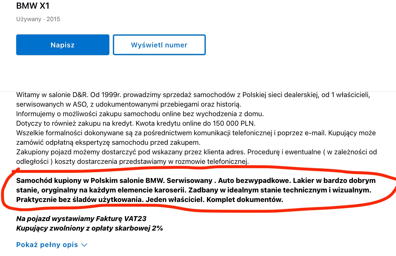 Fragment ogłoszenia: trudno, chcąc kupić auto, nie uwierzyć w tak stanowcze zapewnienie sprzedawcy