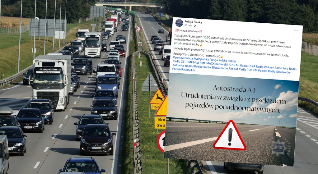 Śląska policja informuje o możliwych utrudnieniach na A4. Powodem przejazd sprzętu, który ma pomóc w walce ze skutkami powodzi (screen: SlaskaKWP/Facebook)