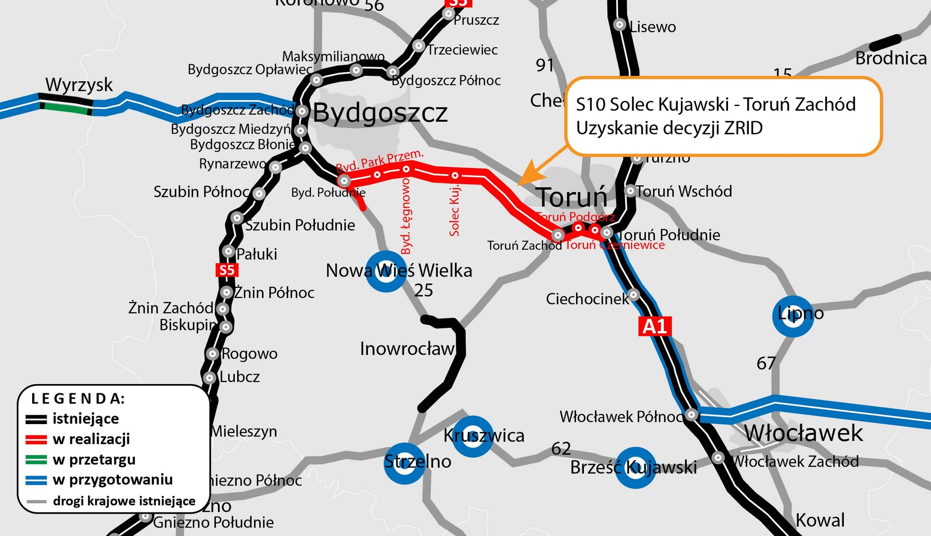 Droga S10 między Toruniem i Bydgoszczą, mapa