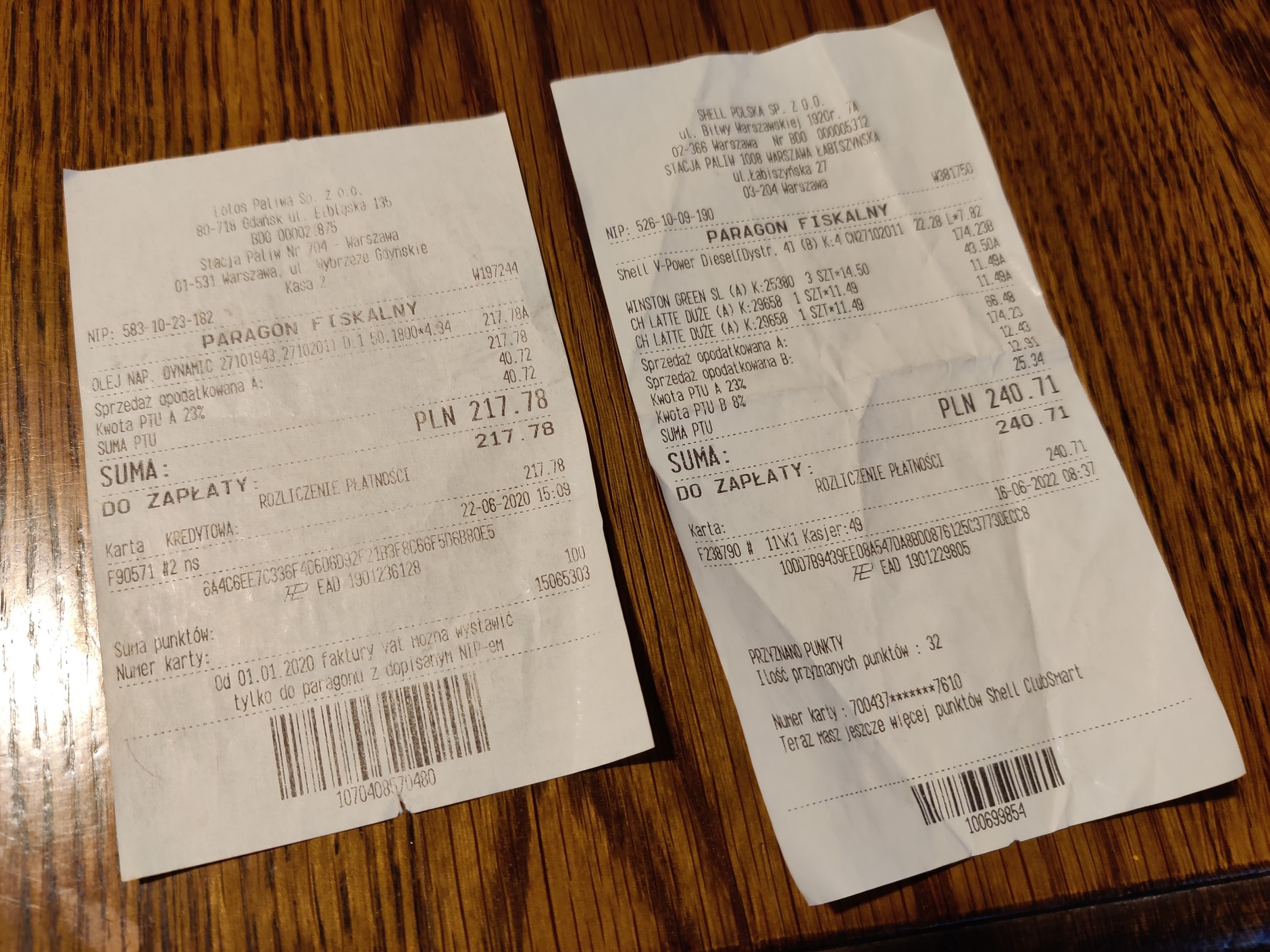 Paragony za paliwo na przestrzeni dwóch lat