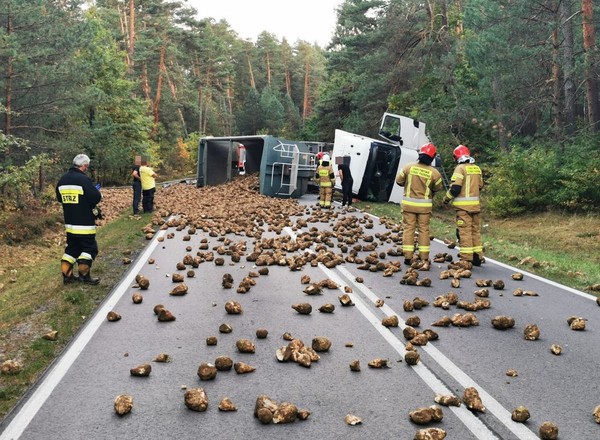 Całą jezdnię zablokował nietypowy ładunek. Wysypał się z wywróconej ciężarówki