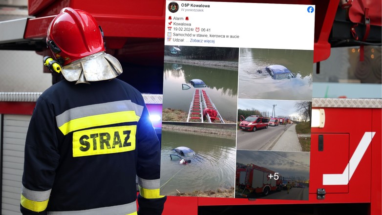 Wjechała autem do stawu. Na miejscu akcja ratunkowa (fot. screen: facebook.com/@OSPKowalowa)