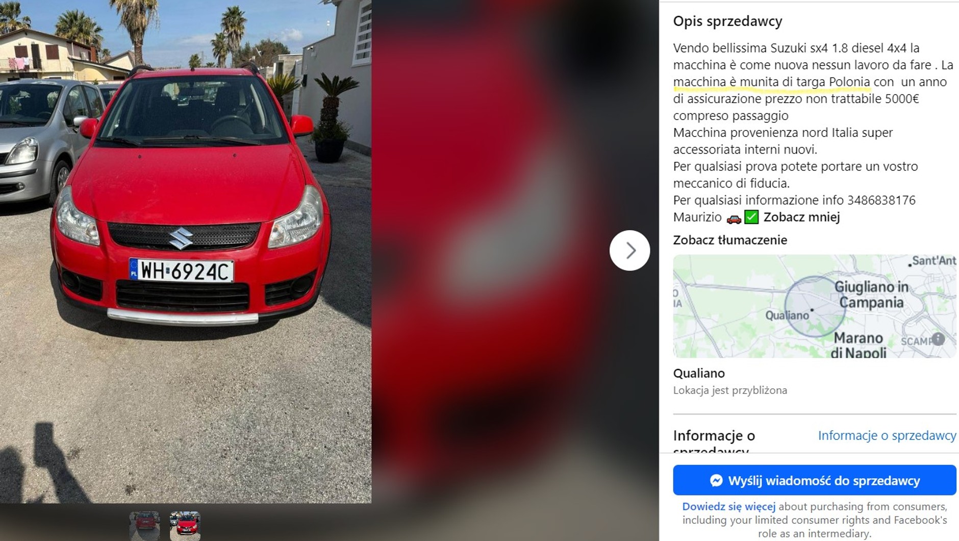 Włoskie ogłoszenie sprzedaży auta na polskich "blachach"