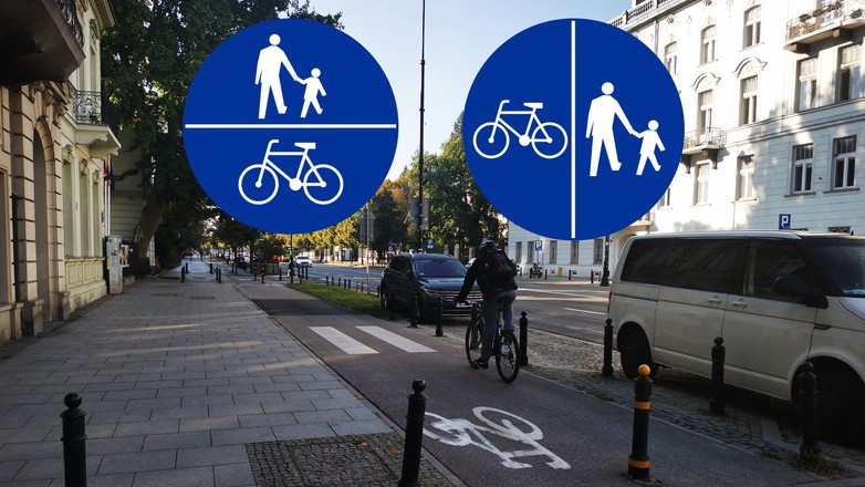 Znak C-13/C-16 występuje w dwóch wersjach:piesi i rowerzyści ich nie rozróżniają, a powinni