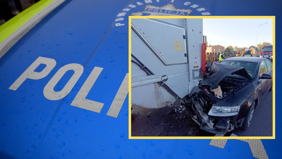 Samochód marki audi uderzył w śmieciarkę (screenshot: facebook.com/OSPCieszkow)