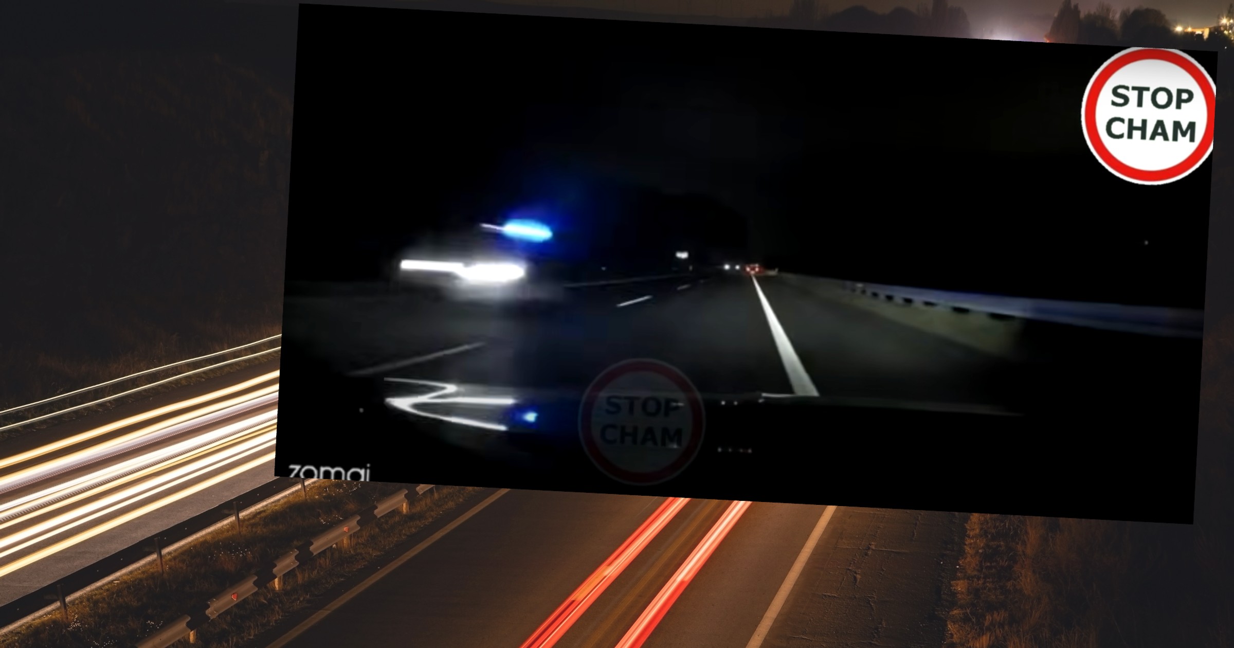 Kadr z filmu nagranego kamerką z auta jadącego po A2. Z przeciwka najpierw nadjechało pod prąd BMW, a następnie radiowóz policyjny