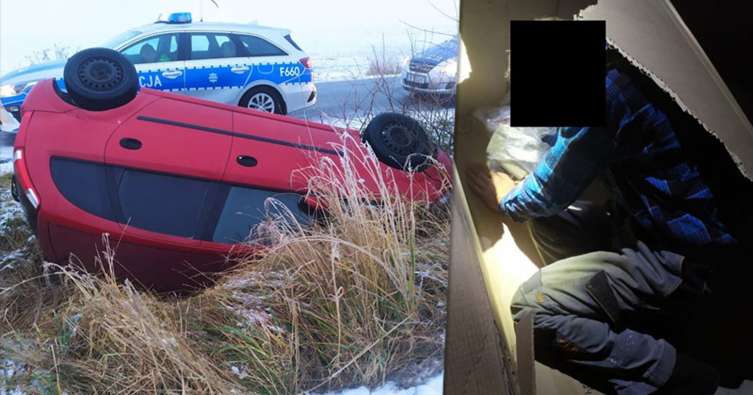 Pijany kierowca uciekł z miejsca zdarzenia i ukrył się przed mundurowymi w kartonie/fot. lodzka.policja.gov.pl