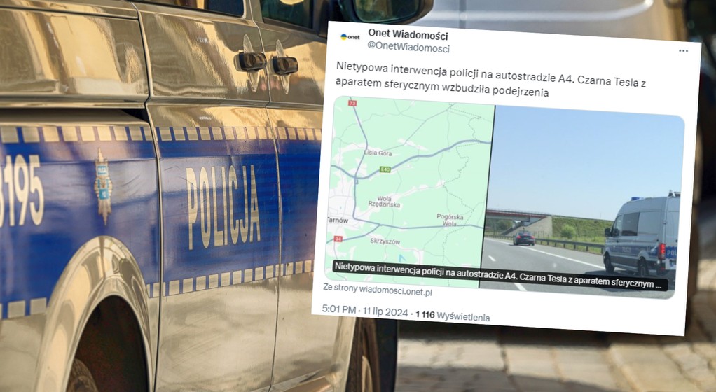 Policja zatrzymała czarną Teslę na autostradzie A4 (screen: OnetWiadomosci/X)