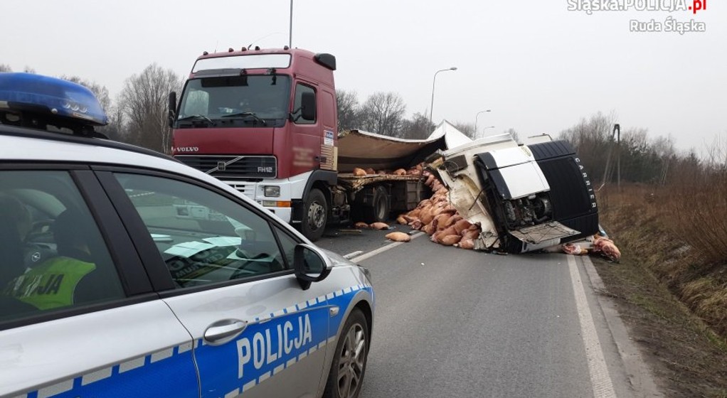 Wypadek ciężarówki z naczepą chłodnią