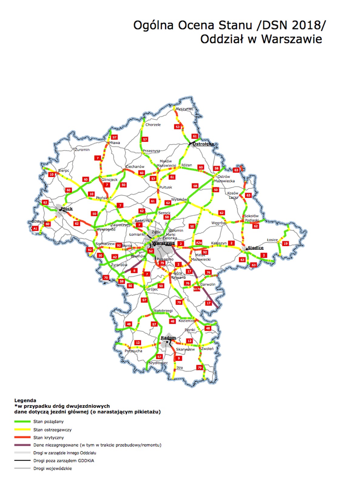 Mapy poglądowe z ogólną oceną stanu technicznego nawierzchni w poszczególnych oddziałach GDDKiA