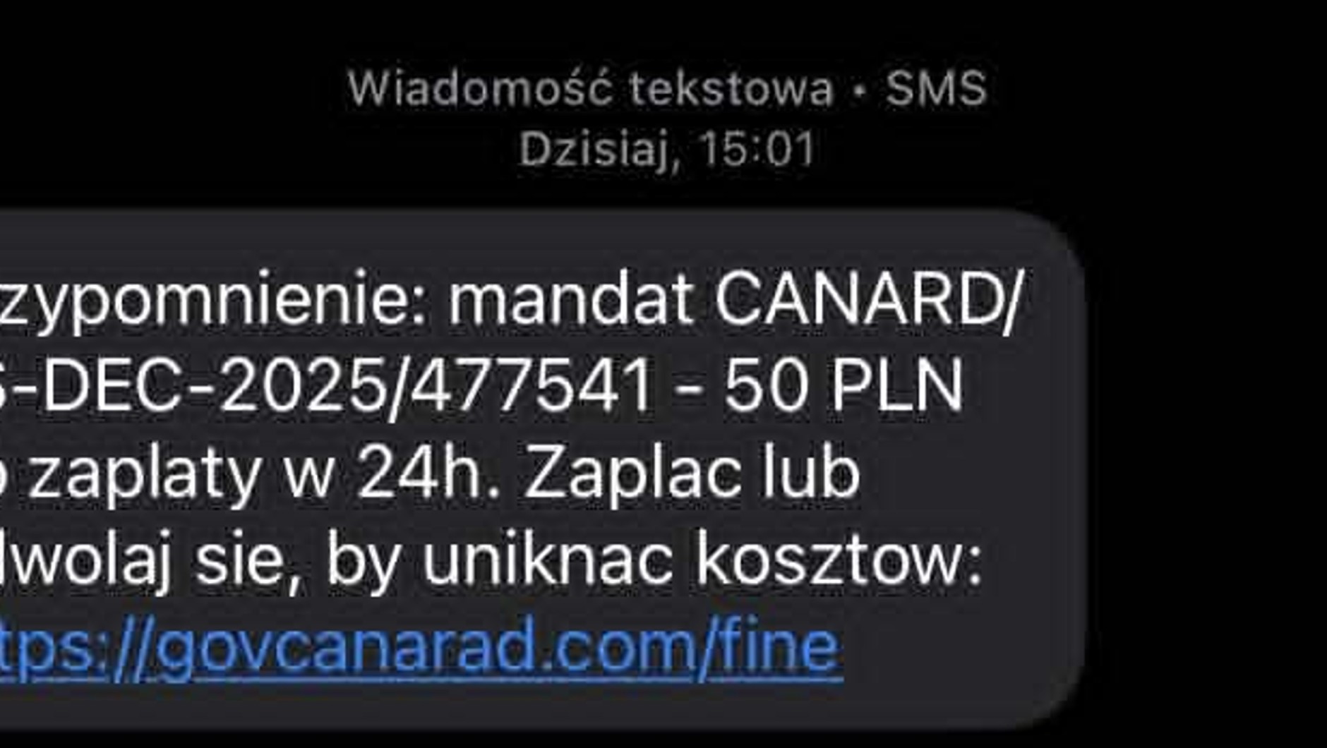 Tak złodzieje oszukują na CANARD. Przykładowy SMS