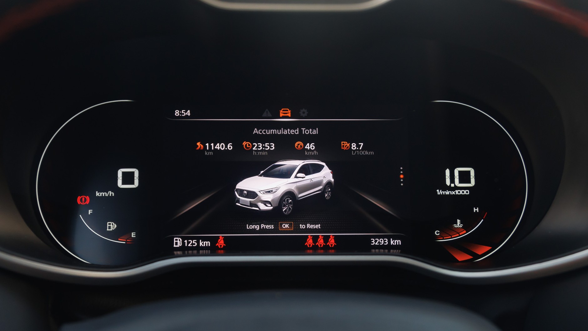 MG ZS — spalanie w cyklu mieszanym podczas całego testu (800 km na drogach pozamiejskich)