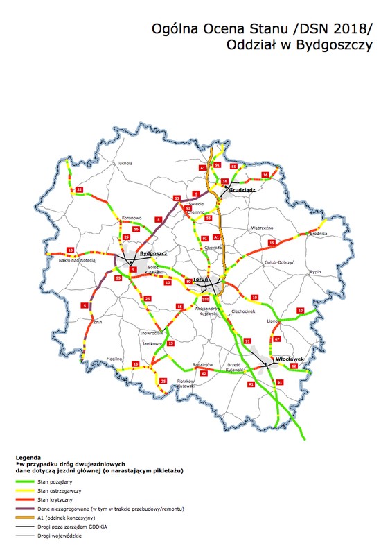 Mapy poglądowe z ogólną oceną stanu technicznego nawierzchni w poszczególnych oddziałach GDDKiA