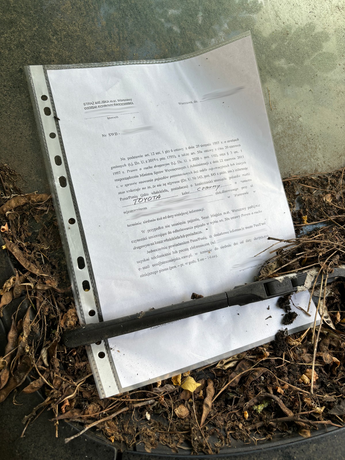 Pismo o konieczności usunięcia pojazdu