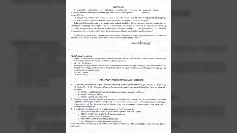 Na kolejnej stronie można znaleźć informację, że brak reakcji zakończy się wszczęciem postępowania egzekucyjnego